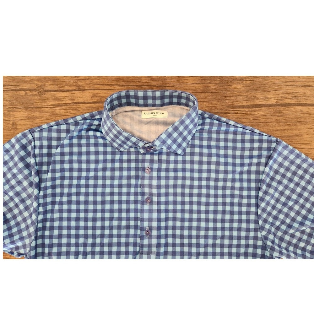 Collars & Co‎ Mens Dress Semi Spread Collar Polo Small Blue Gingham Shirt NEW